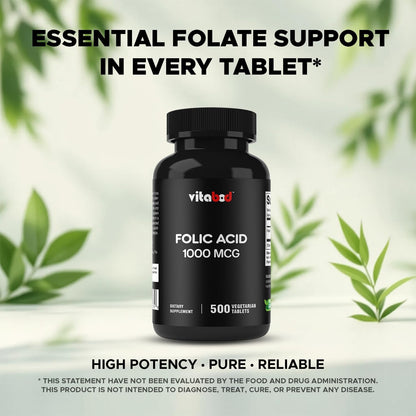 Vitabod Folic Acid 1 mg (1000 mcg) - 500 Vegetarian Tablets - Prenatal and Postnatal Supplement