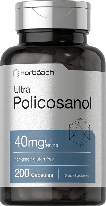 Horbäach Policosanol 40mg, 200 Capsules – Non-GMO & Gluten-free Supplement
