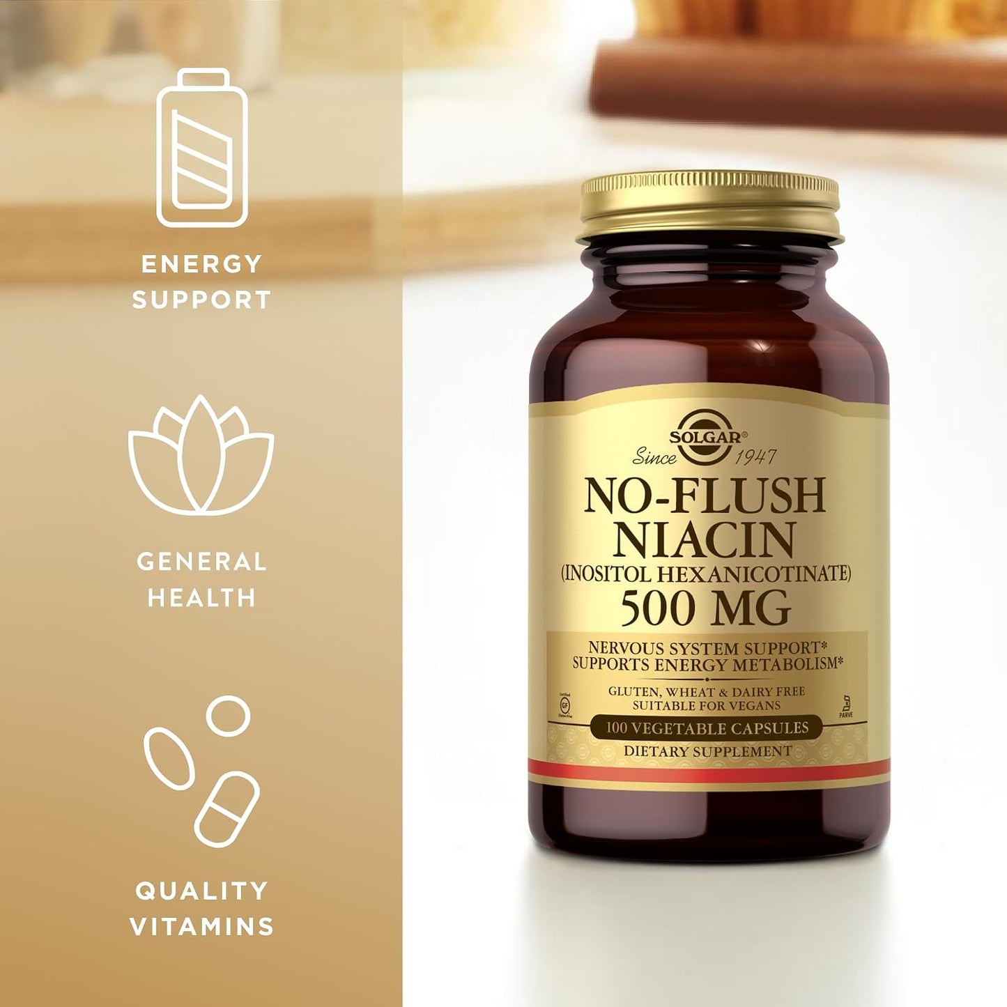 No-Flush Niacin 500mg, 100 Vegetable Capsules – Solgar - görsel 4