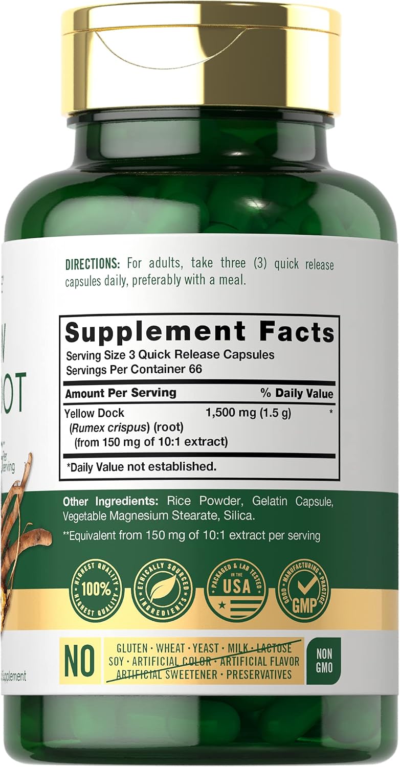 Carlyle Yellow Dock Root Capsules - 200 Count | High Strength, Non-GMO, Gluten-free - görsel 2