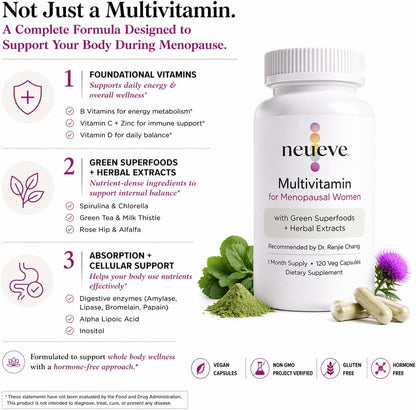 NeuEve Menopause Support Multivitamin for Women, Hormone-Free Daily Multivitamin to Support Whole Body & Intimate Health with Green Superfoods | 30-Day Supply | Vegan Capsules | 120 Capsules
