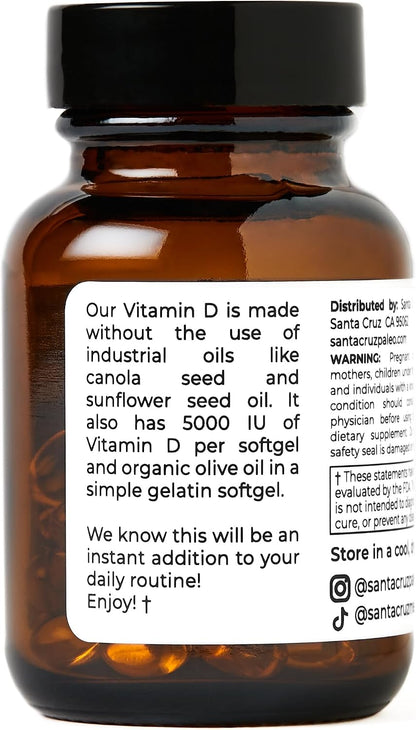 Santa Cruz Paleo Vitamin D3 5000 IU Softgels with Olive Oil, Supports Bone Health, Gluten-Free, Paleo, Keto - 60 Softgels