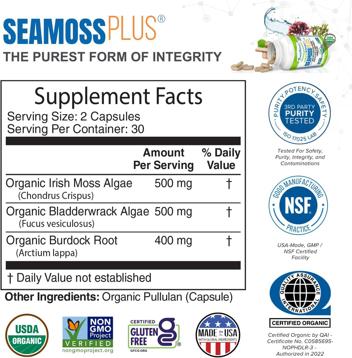 Power By Naturals Sea Moss Plus – Organic Irish Sea Moss, Bladderwrack & Burdock Root – 120 Capsules (2-Pack) - görsel 2