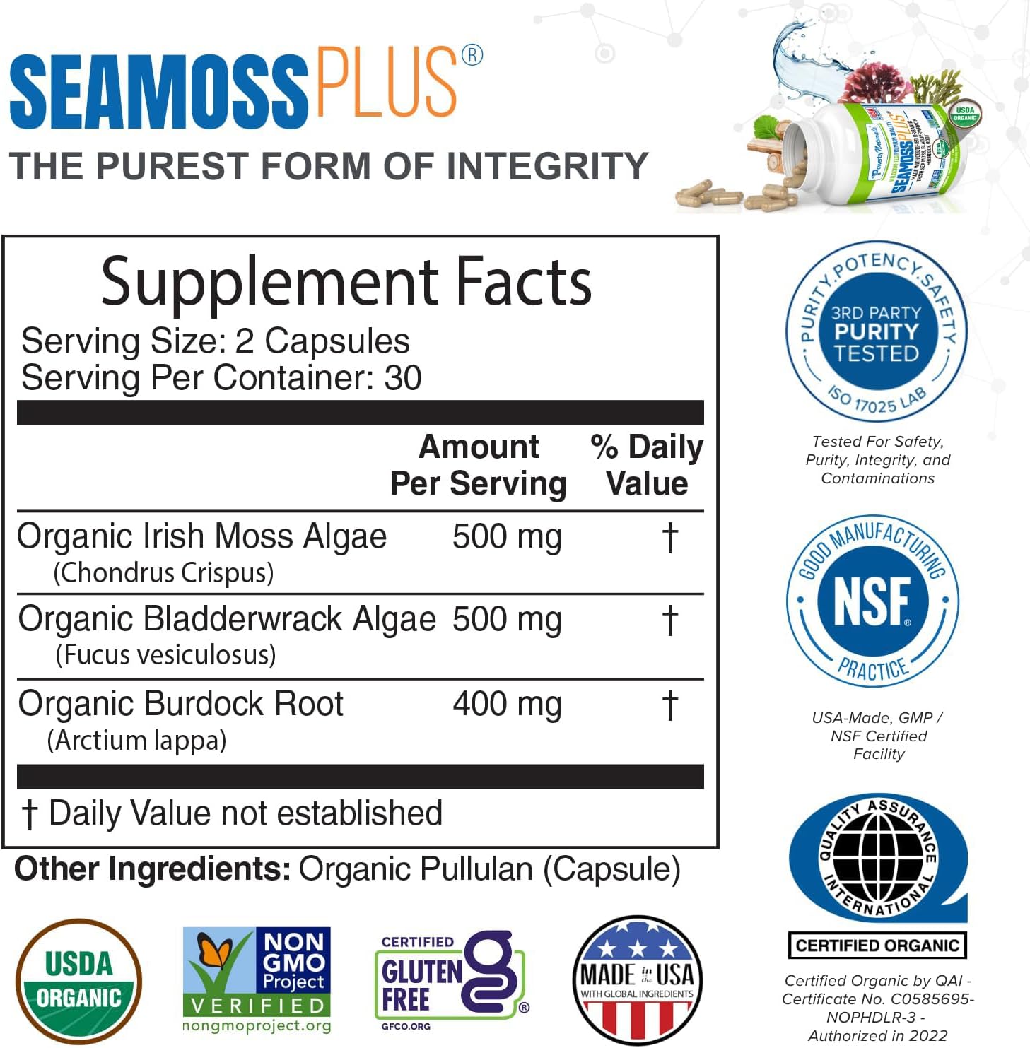 Power By Naturals Sea Moss Plus – Organic Irish Sea Moss, Bladderwrack & Burdock Root – 120 Capsules (2-Pack) - görsel 2