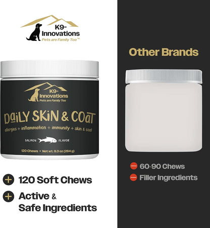 K9-Innovations - Daily Skin & Coat Dog Chews Salmon Flavour - Reduce Itching & Paw Chewing, Omega-3 & Vitamin C for Skin Health - 1-4 Month Supply (120 Chews)