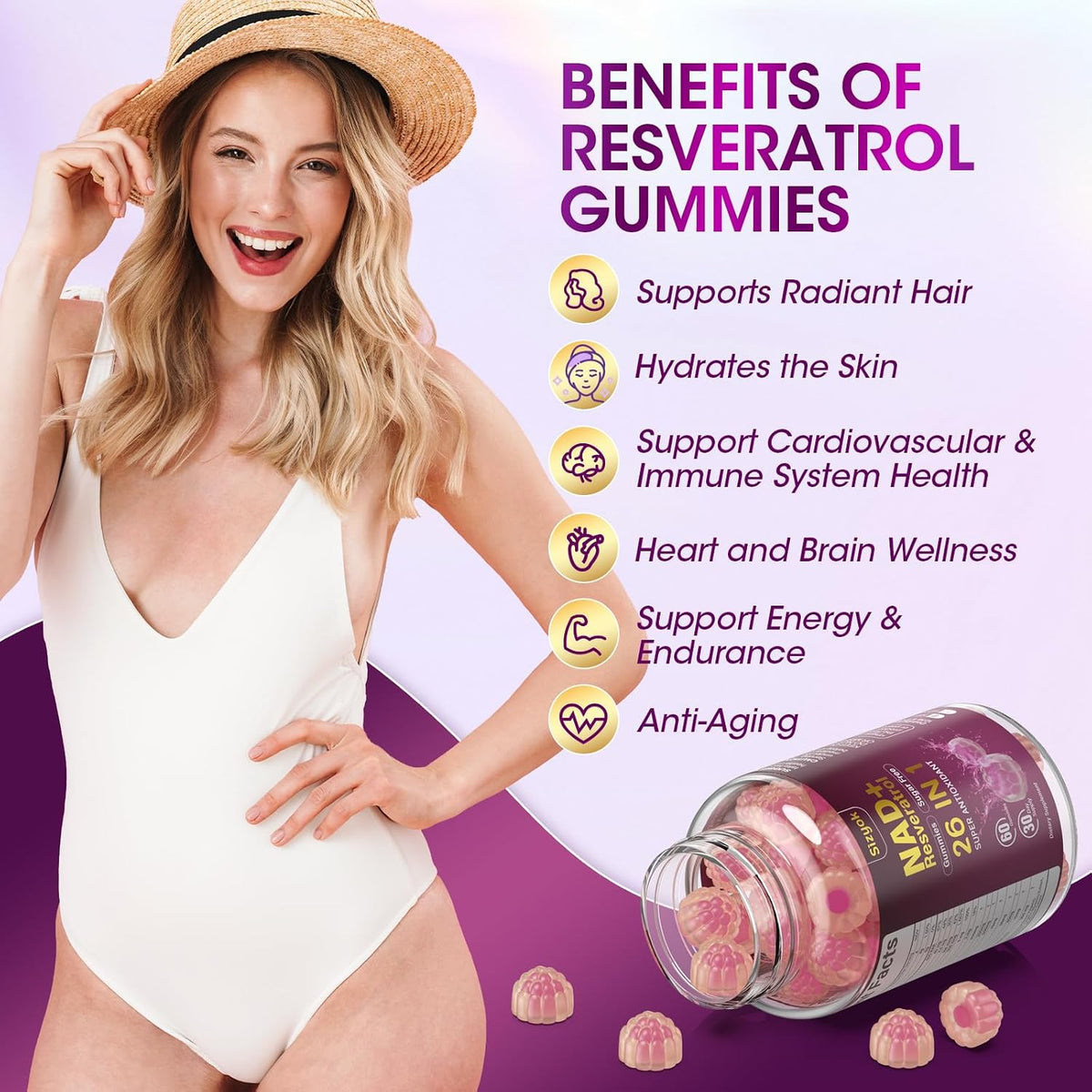 NAD Resveratrol Gummies for Women - Sugar-Free Multivitamin with Collagen, 3 Pack (180 Gummies) - görsel 4
