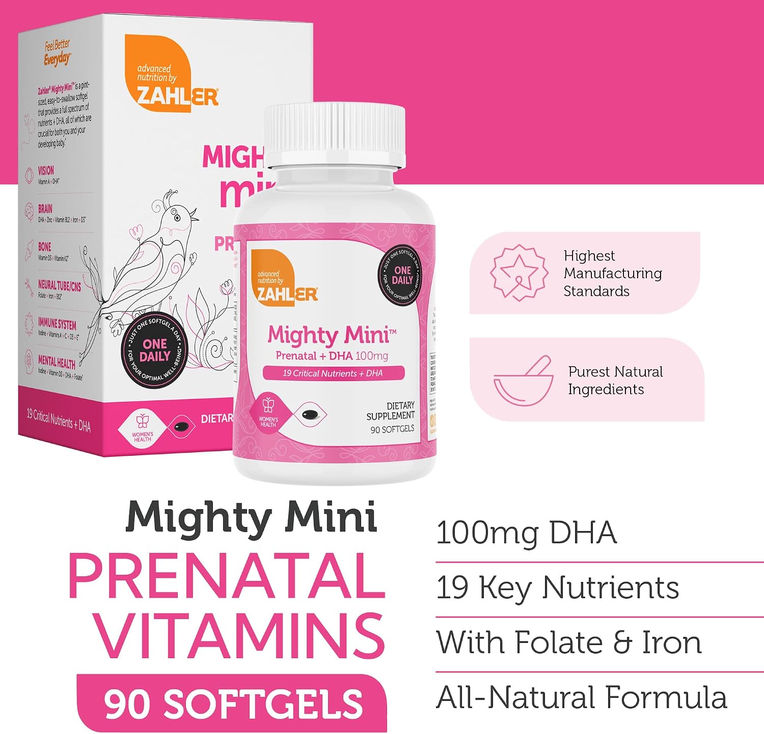 Zahler Mighty Mini – Easy-to-Swallow Prenatal Vitamin with Methylfolate, DHA & Advanced Nutrition – 90 Softgels - görsel 3