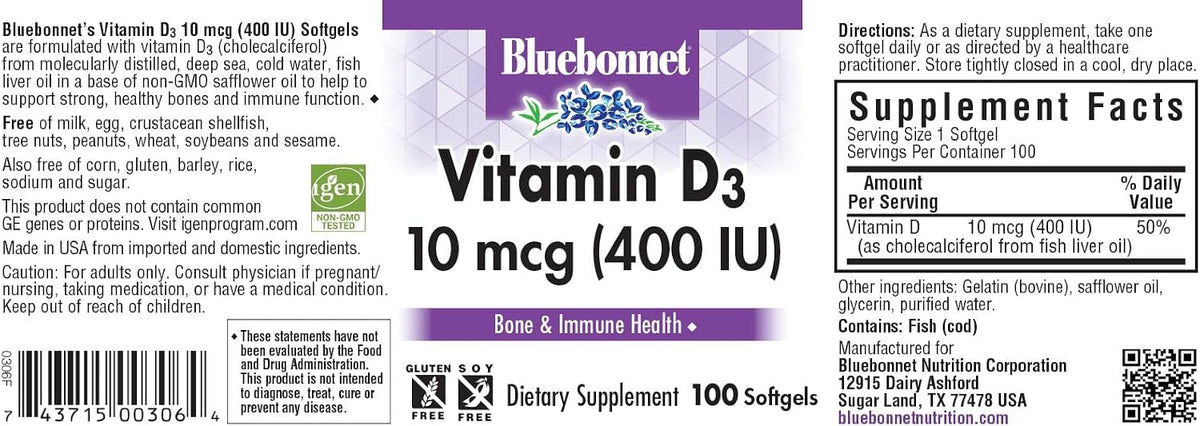 Bluebonnet Nutrition Vitamin D3 400 IU Softgels – Non-GMO, Gluten-free, 100 Softgels - görsel 2