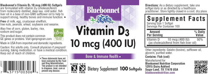 Bluebonnet Nutrition Vitamin D3 400 IU Softgels – Non-GMO, Gluten-free, 100 Softgels