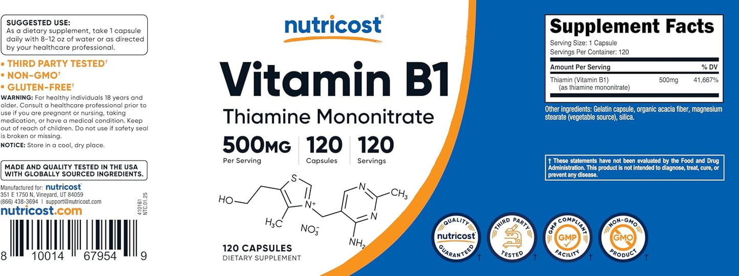 Nutricost Vitamin B1 (Thiamine) 500mg, 120 Capsules - görsel 6
