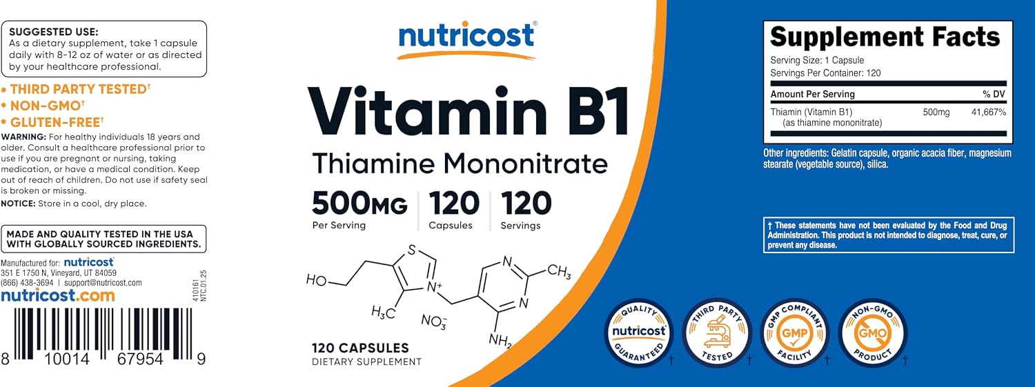 Nutricost Vitamin B1 (Thiamine) 500mg, 120 Capsules - görsel 6