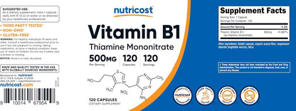 Nutricost Vitamin B1 (Thiamine) 500mg, 120 Capsules