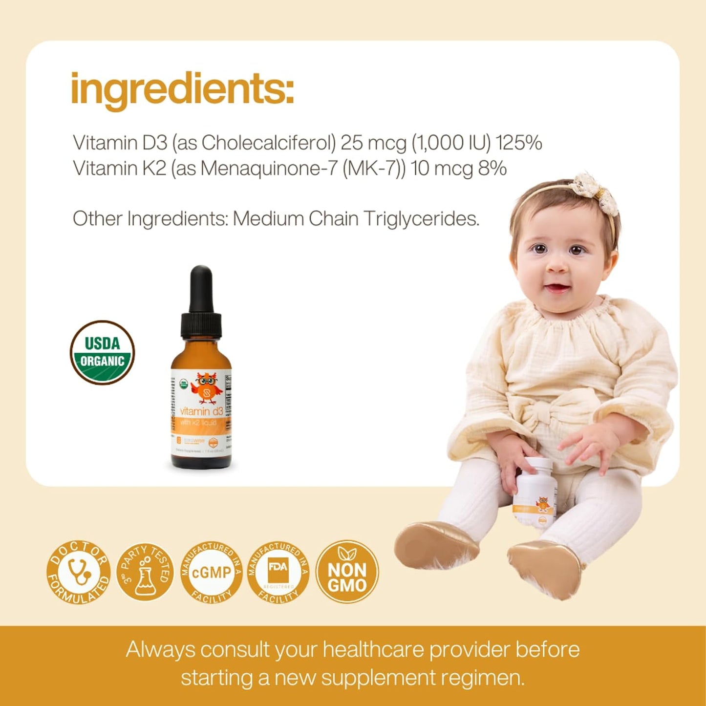 Serawise Organic Liquid Vitamin D3 with K2 by Dr. Ana Maria Temple | Supports Strong Bones and Immune Health | USDA Certified Organic | Olive Oil Base for Enhanced Absorption | 1 Fl Oz - görsel 3