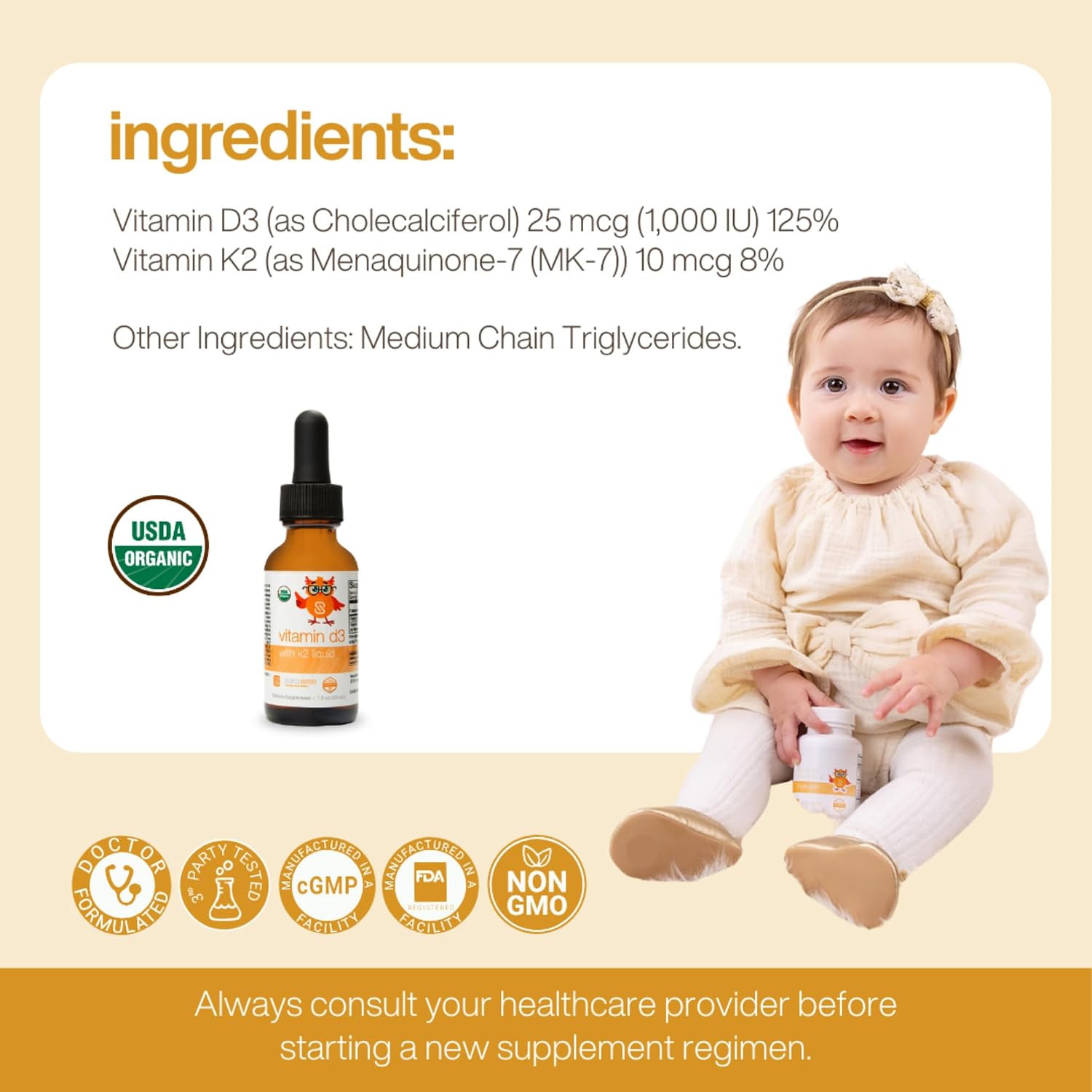 Serawise Organic Liquid Vitamin D3 with K2 by Dr. Ana Maria Temple | Supports Strong Bones and Immune Health | USDA Certified Organic | Olive Oil Base for Enhanced Absorption | 1 Fl Oz - görsel 3
