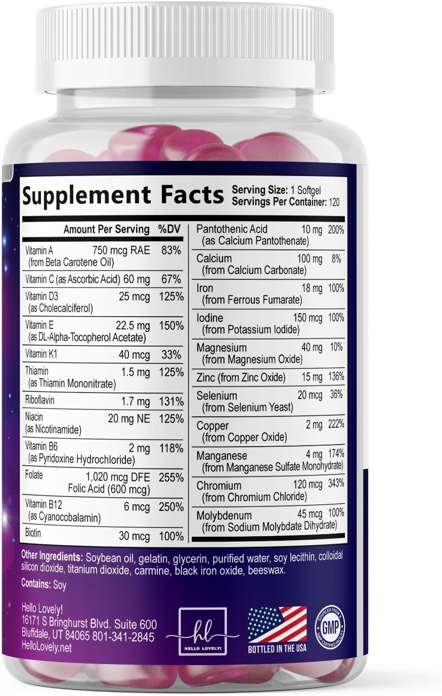 Hello Lovely! Women's Multivitamin - Complete Daily Food Supplement with Biotin, Calcium, Folic Acid, Iron, Zinc, Vitamins A, C, D, E & B - 120 Softgels - görsel 9