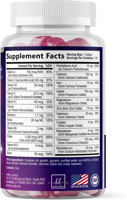 Hello Lovely! Women's Multivitamin - Complete Daily Food Supplement with Biotin, Calcium, Folic Acid, Iron, Zinc, Vitamins A, C, D, E & B - 120 Softgels