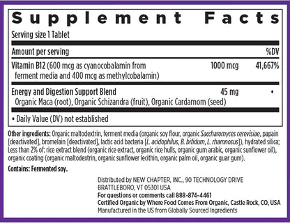 New Chapter Fermented Vitamin B12 1,000 mcg - USDA Organic, Vegan, Gluten-Free - 60 Tablets