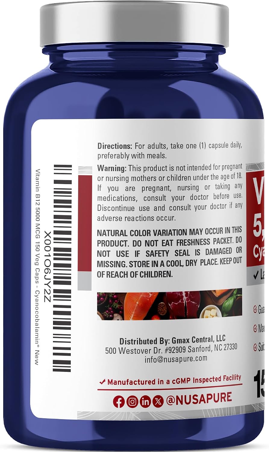 NusaPure Vitamin B12 5000 mcg 150 Veggie Capsules - High Strength, Non-GM, Vegan - görsel 2