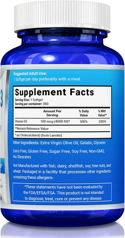 Vitamin D3 4000 IU Food Supplement - 360 Softgels - Bone and Immune Health