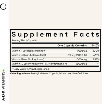 Codeage ADK Vitamins+ - Vitamin A, D3, K1 & K2 - 180 Capsules (6-Month Supply)