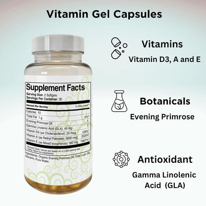 Clear Skin Acne Supplement Gel Capsules with Evening Primrose Oil, Vitamin A, D (D3) & E | Natural Complexion Support | 60 Soft gel capsule Capsules