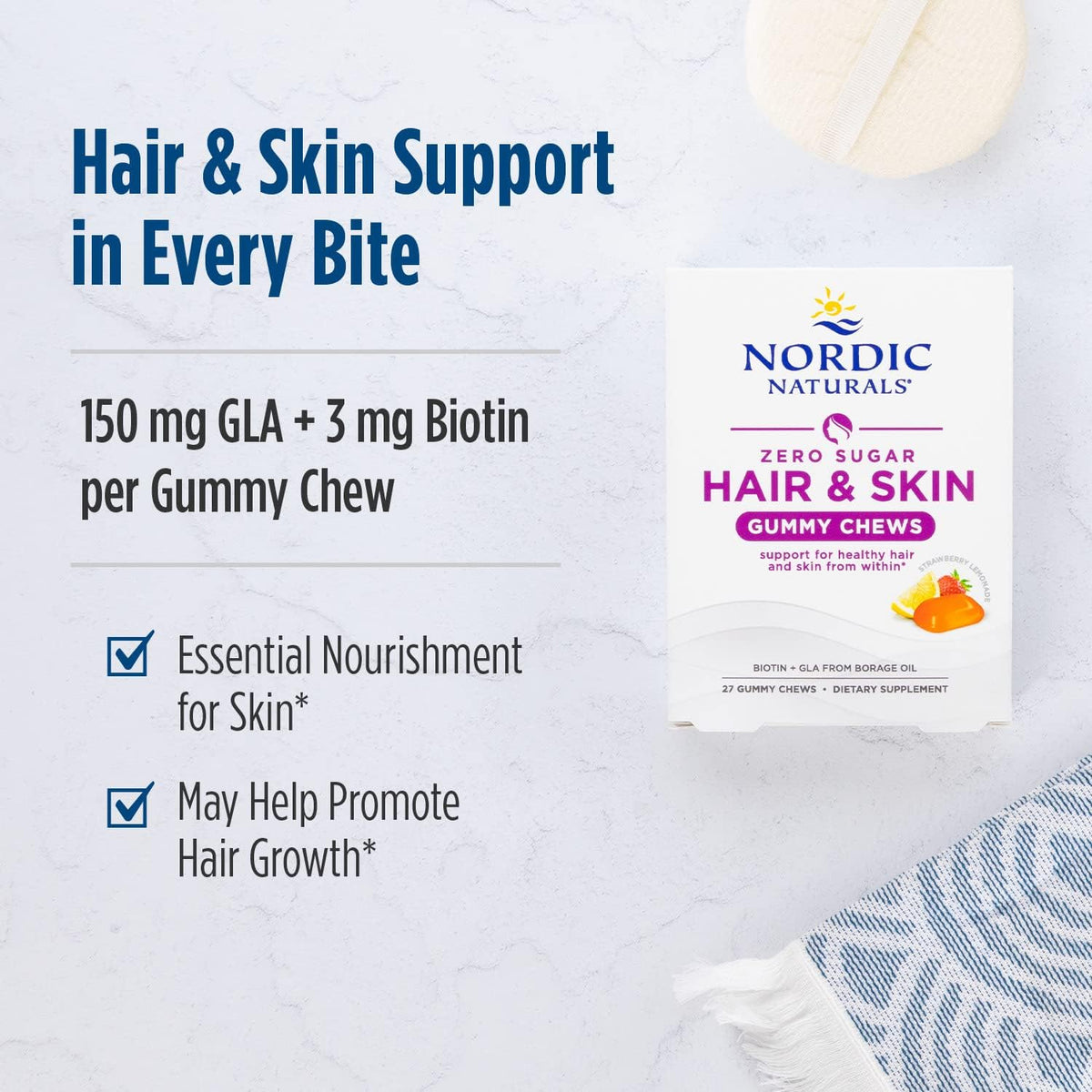 Nordic Naturals Zero Sugar Hair & Skin Gummy Chews - Strawberry Lemonade - 27 Gummy Chews - Biotin + GLA from Borage Oil – Image 3