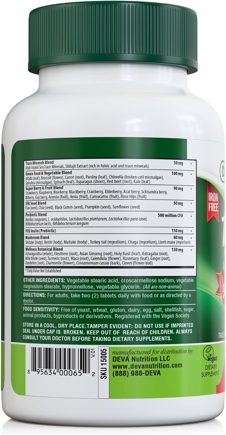 DEVA Tuba Prime Vegan Multivitamin Iron-Free - High-Potency Vitamin & Mineral Supplement with Superfoods, Mushrooms, and Probiotics (90 Tablets) - görsel 3