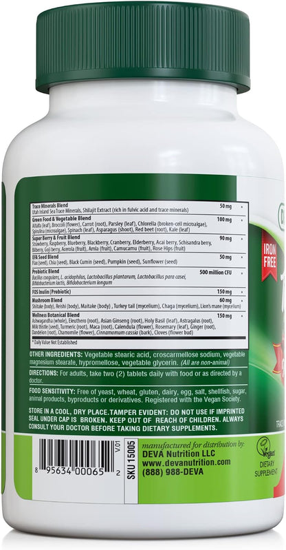 DEVA Tuba Prime Vegan Multivitamin Iron-Free - High-Potency Vitamin & Mineral Supplement with Superfoods, Mushrooms, and Probiotics (90 Tablets)