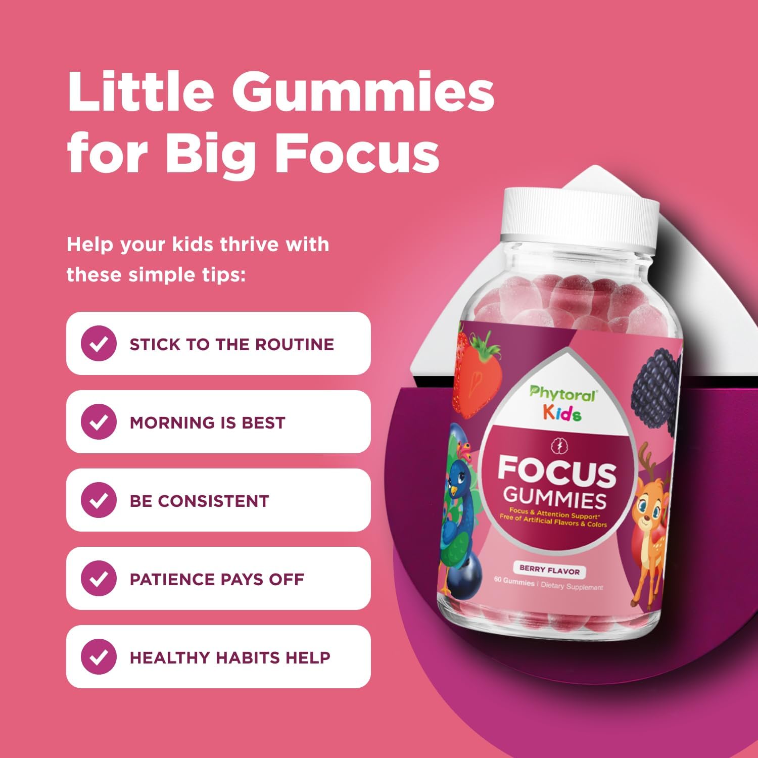 Phytoral Vegan Kids Focus Gummies - Potent Chewable Brain Support for Children - Enhances Concentration & Memory - Calming Supplements & Focus Gummies for Kids - Non-GMO & Gluten-free - 60 Count - görsel 4