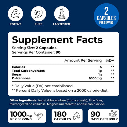 D-Mannose 1000mg Capsules – 180 Easy-to-Swallow Veggie Capsules