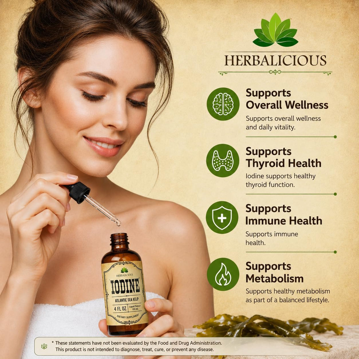 HERBALICIOUS Iodine Drops – Natural Iodine from Sea Kelp – Organic Non-GMO Thyroid Supplement – 118 ml - görsel 2