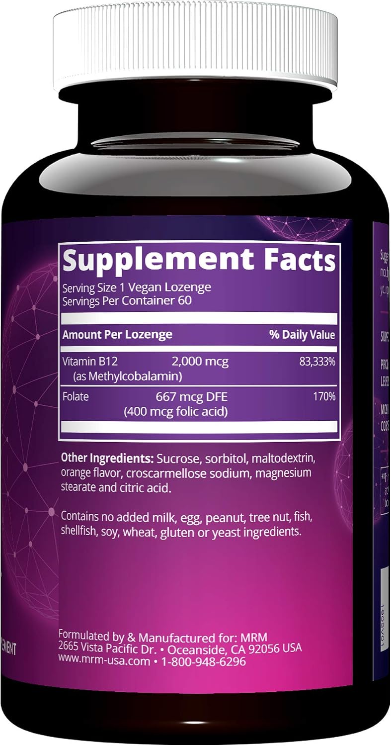 MRM Nutrition Vitamin B-12 with Folic Acid - 2000 mcg Methylcobalamin Vegan Lozenges – Image 3