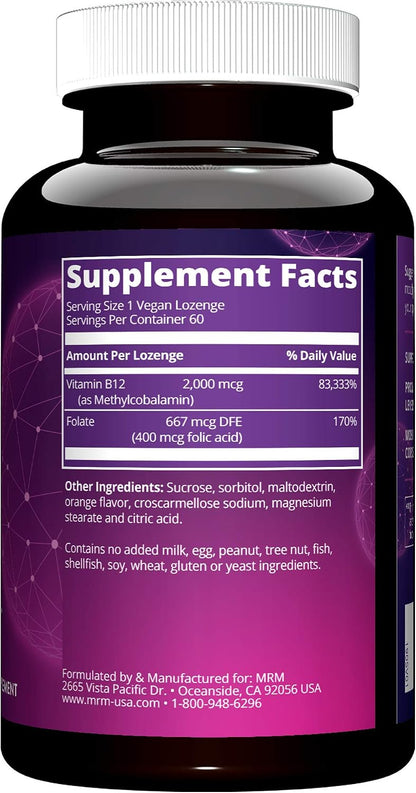 MRM Nutrition Vitamin B-12 with Folic Acid - 2000 mcg Methylcobalamin Vegan Lozenges – Image 3