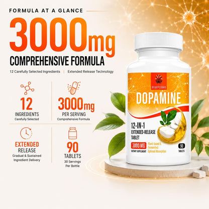 Kroppssund Dopamine Supplement with L-Theanine & Ashwagandha, 12-in-1 Extended Release Formula, 3000mg Per Serving, 90 Tablets (2 Bottles)