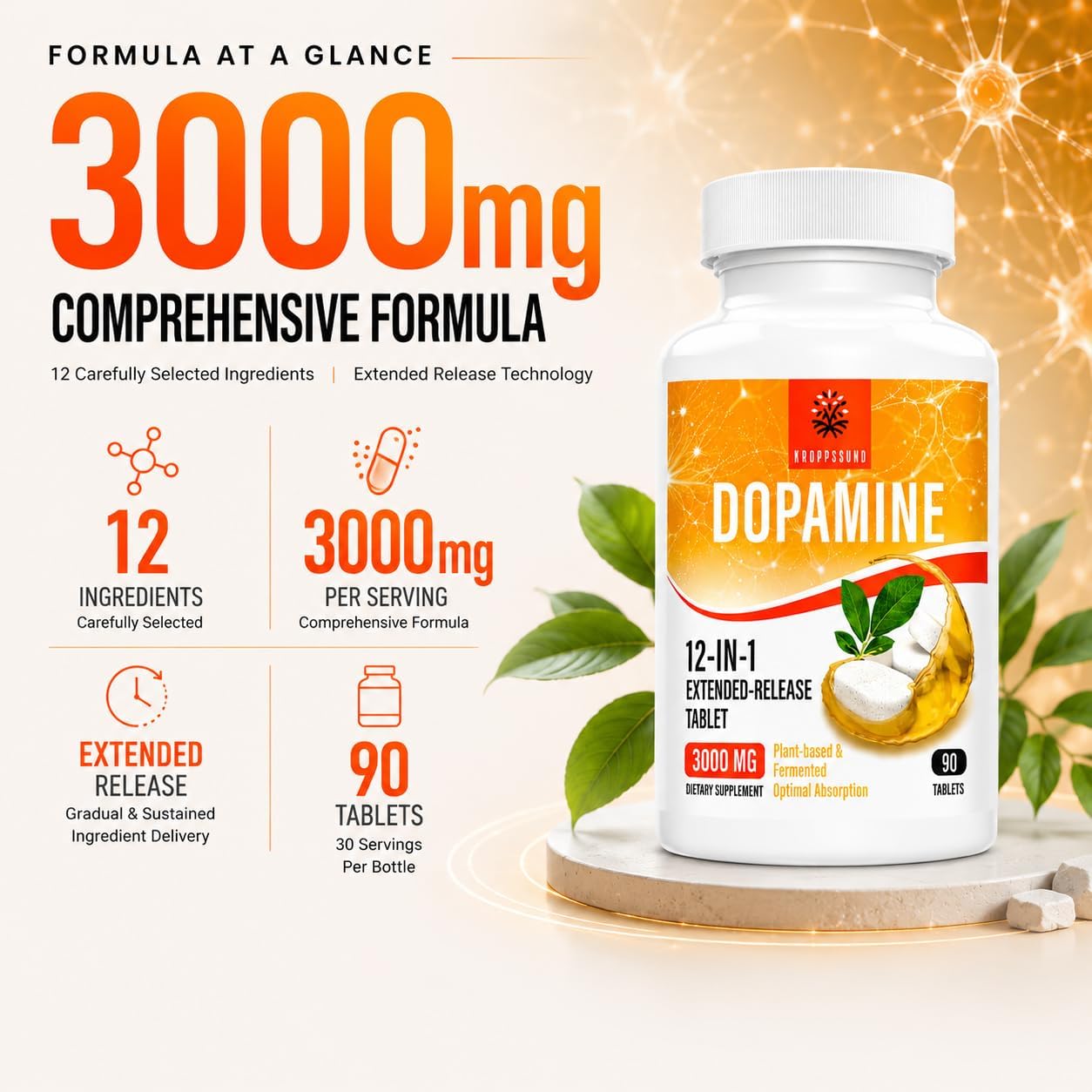 Kroppssund Dopamine Supplement with L-Theanine & Ashwagandha – 12-in-1 Prolonged Release Formula (90 Tablets) - görsel 4