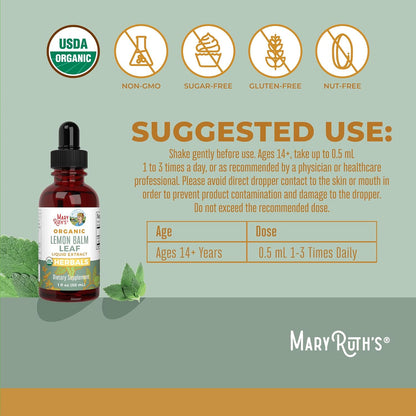 MaryRuth's Organics Lemon Balm Leaf Liquid Extract - USDA Organic - Alcohol-Free Tincture - Mood Support - 30 ml