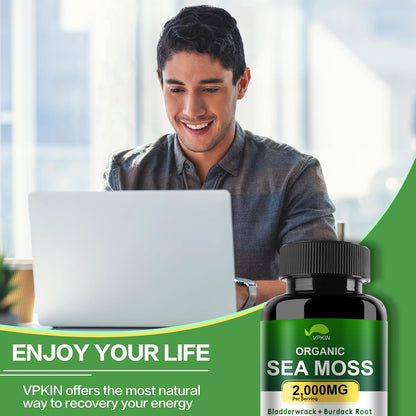 VPKIN Organic Sea Moss Capsules with Bladderwrack, Burdock Root and Black Pepper Extract – Irish Sea Moss Capsules 2000mg – Supports Immune System, Thyroid Health (120 Capsules)