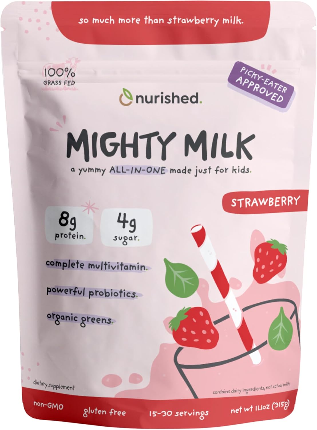 Nurished Mighty Strawberry Milk – Kids' All-in-One Daily Protein Powder & Multivitamin with Probiotics – 15-30 Servings - görsel 1