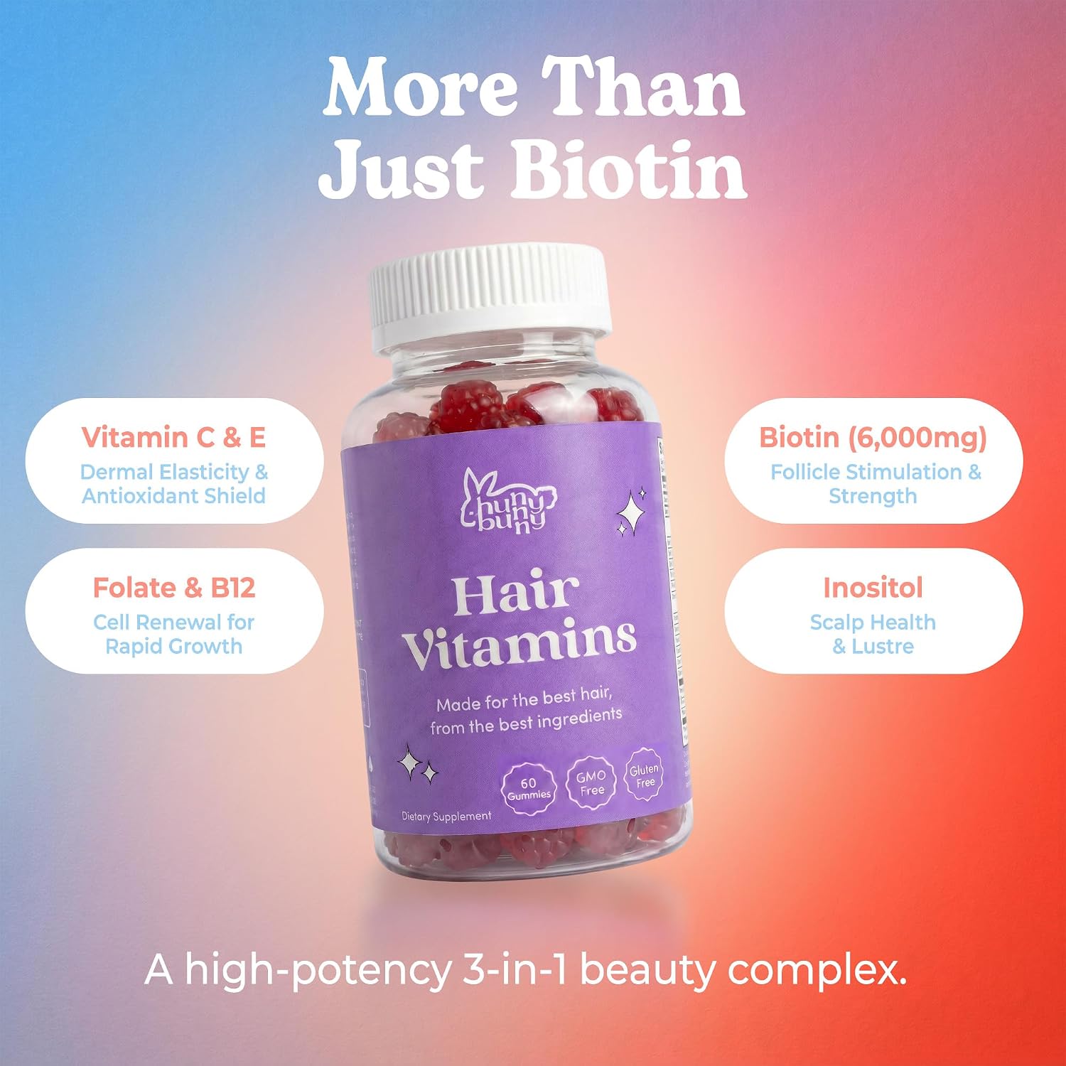 Hunny Bunny Hair Skin and Nails Gummies - Biotin 6000 mcg with Folic Acid, B12, Collagen, Zinc - 60 Gummies - görsel 5
