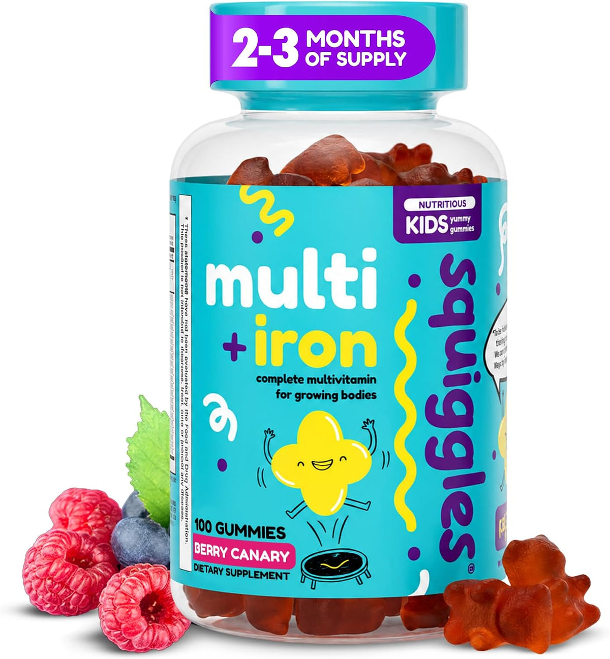 Squiggles Kids Multivitamin + Iron Gummies - Low Sugar, Berry Flavour (100 Count) - görsel 1