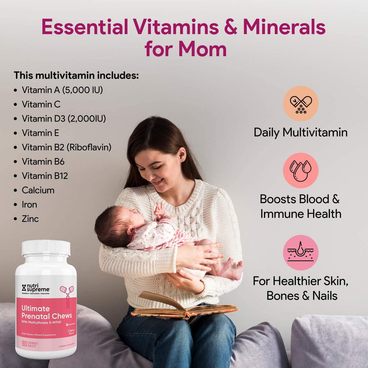 Nutri Supreme Prenatal Vitamin, Chewable Prenatal Vitamins for Women with Highly Absorbable Methyl Folate, Complete Prenatal Multivitamin with Iron, Kosher, Cherry Flavour, 90 Wafers - görsel 6