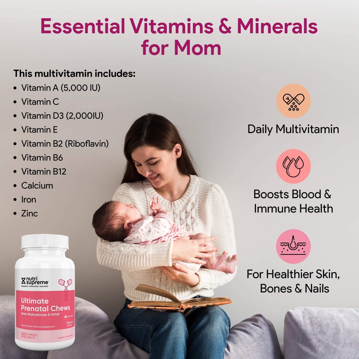 Nutri Supreme Prenatal Vitamin, Chewable Prenatal Vitamins for Women with Highly Absorbable Methyl Folate, Complete Prenatal Multivitamin with Iron, Kosher, Cherry Flavour, 90 Wafers - görsel 6