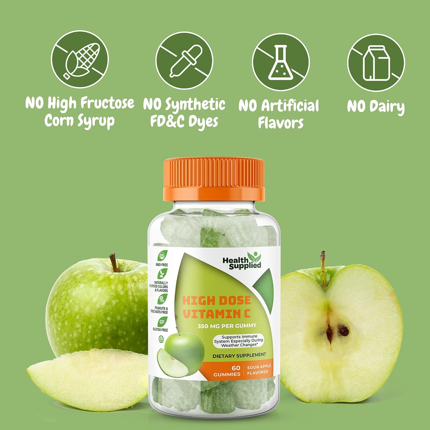 Health Supplied Sour Apple Vitamin C Gummies – 1050 mg per Serving, 2-Pack - görsel 4