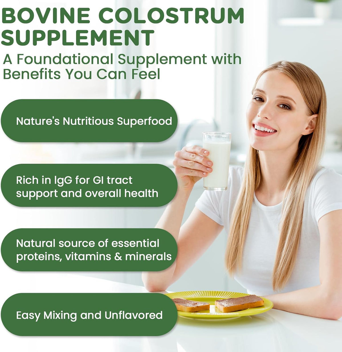 Bovine Colostrum Supplement Powder 50% IgG – Grass Fed, Non-GMO, Unflavoured (60 Servings) - görsel 5