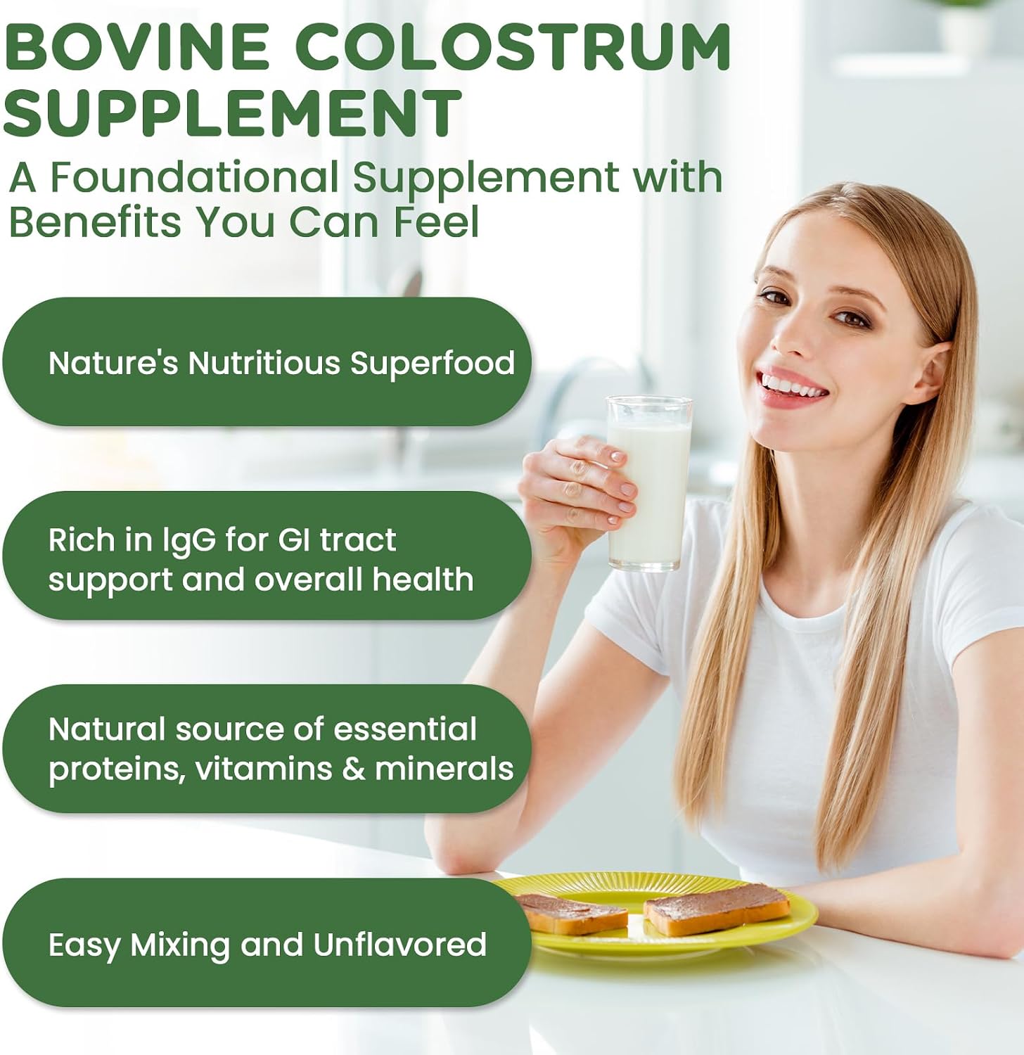 Bovine Colostrum Supplement Powder 50% IgG – Grass Fed, Non-GMO, Unflavoured (60 Servings) - görsel 5
