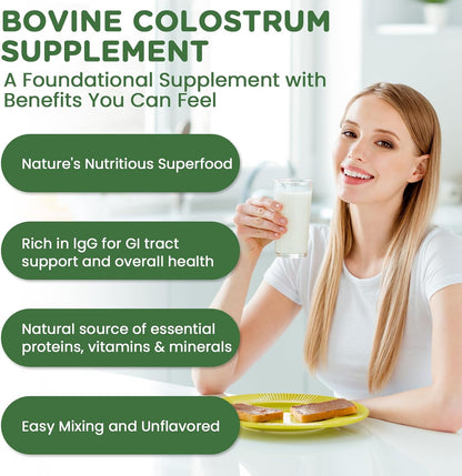 Bovine Colostrum Supplement Powder 50% IgG – Grass Fed, Non-GMO, Unflavoured (60 Servings)
