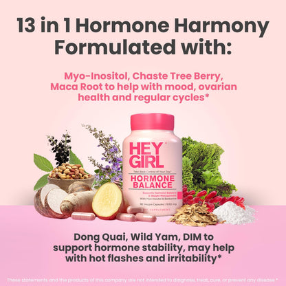Hey Girl Hormone Balance for Women – DIM, Myo-Inositol & Berberine Supplement for Menopause, Perimenopause, PMS & PCOS Support – Mood, Energy & Cycle Support with Maca & Black Cohosh, 90 Capsules