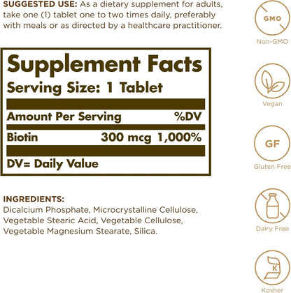 Solgar Biotin 300 mcg Tablets, 100 Tablets – Contributes to Normal Skin and Hair