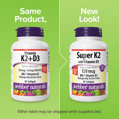 Webber Naturals Vitamin D3 K2 Supplements, 1,000 IU / 120mcg, 90 Softgels