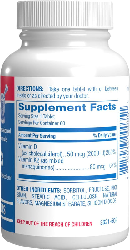 Chewable Vitamin D3 & K2 Supplement – 2000IU D3 with 80mcg K2 MK-7 for Bone, Dental, Mood & Immune Support – Vegetarian, Cinnamon Flavour (60-Day Supply)